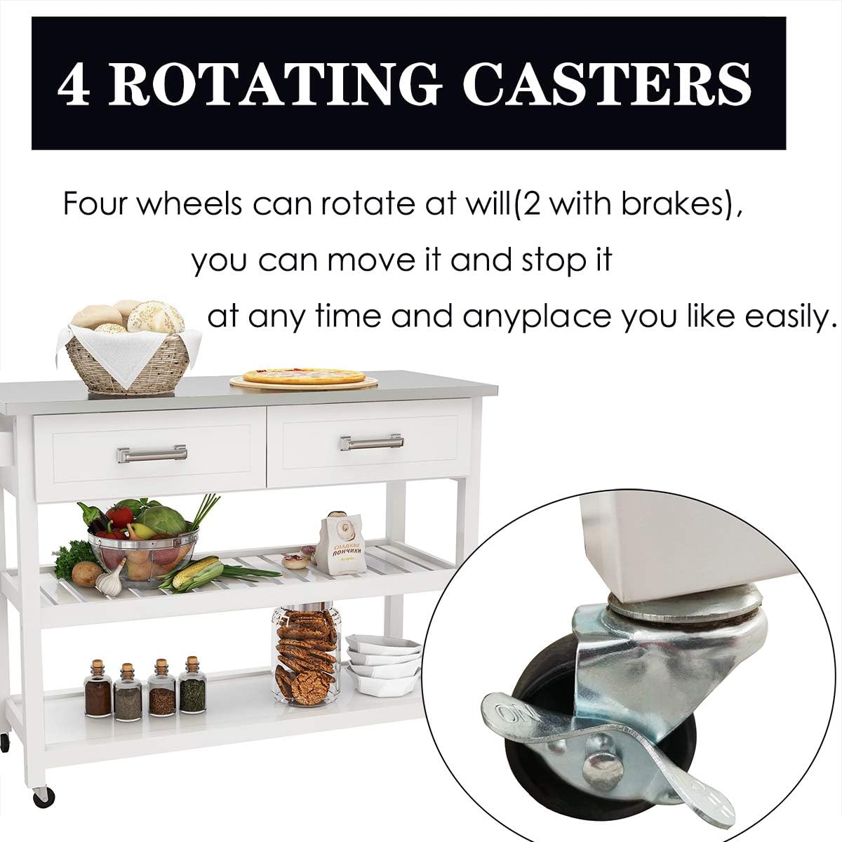 White Kitchen Cart with Stainless Steel Top T6113