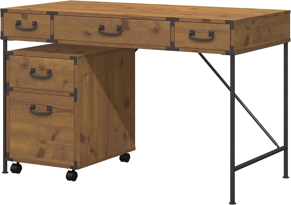 Vintage Golden Pine Writing Desk with 2 Drawer File Cabinet J6755