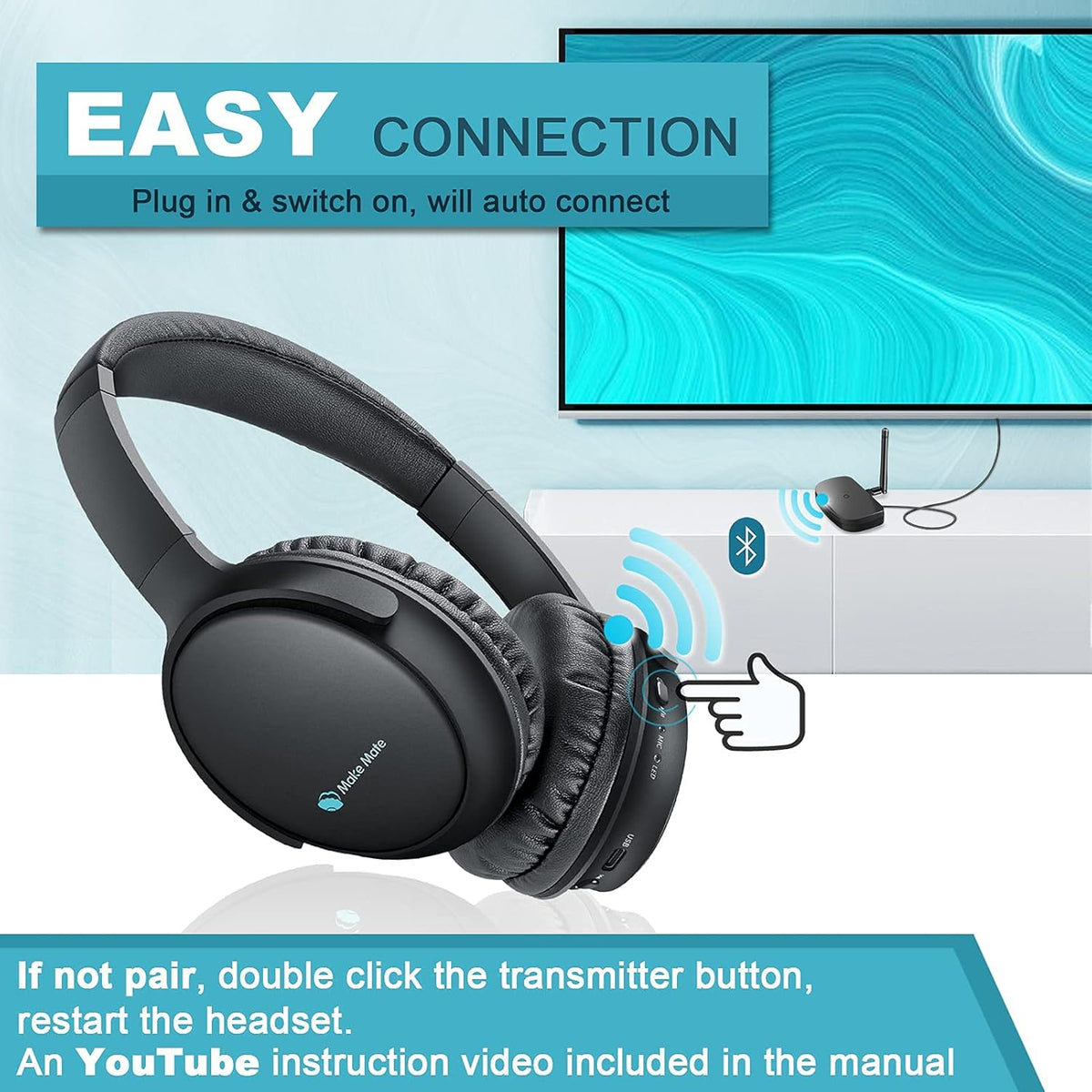 Wireless Headphones with Optical Bluetooth Transmitter, up to 165ft Range, Black N510695