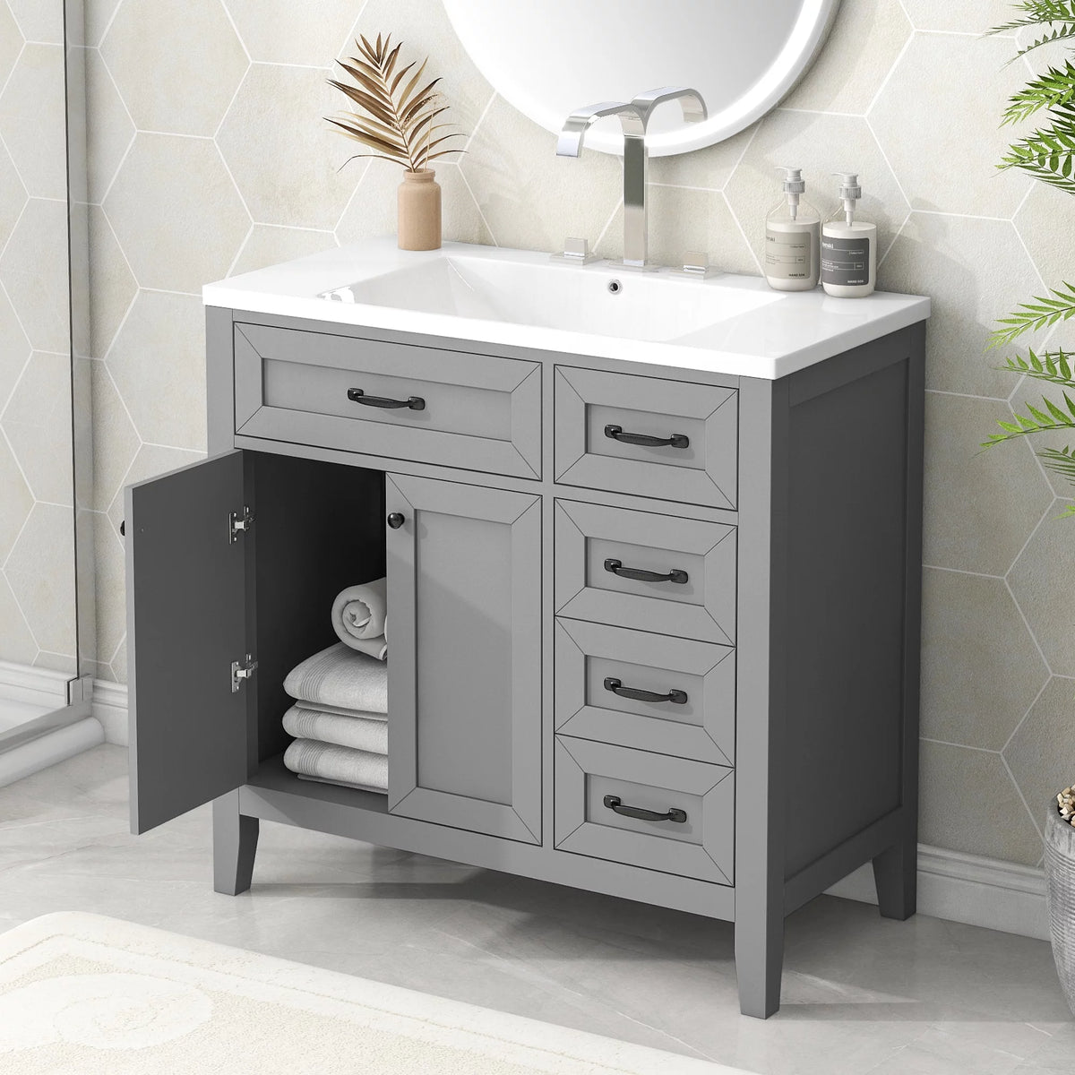 36" Grey Bathroom Vanity with Sink and Storage Cabinet A577678