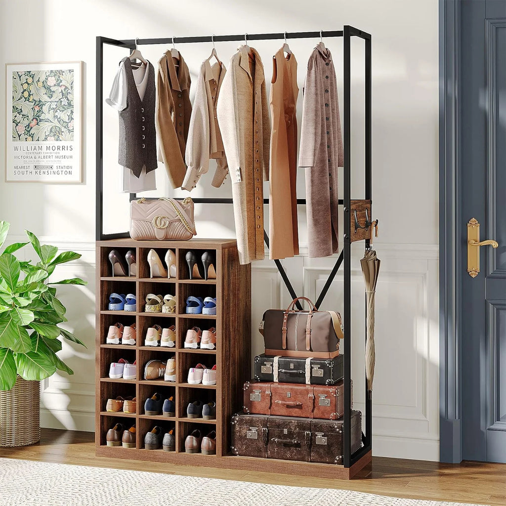 71" Brown Wood Coat Rack with 18 Shoe Cabinets P977087