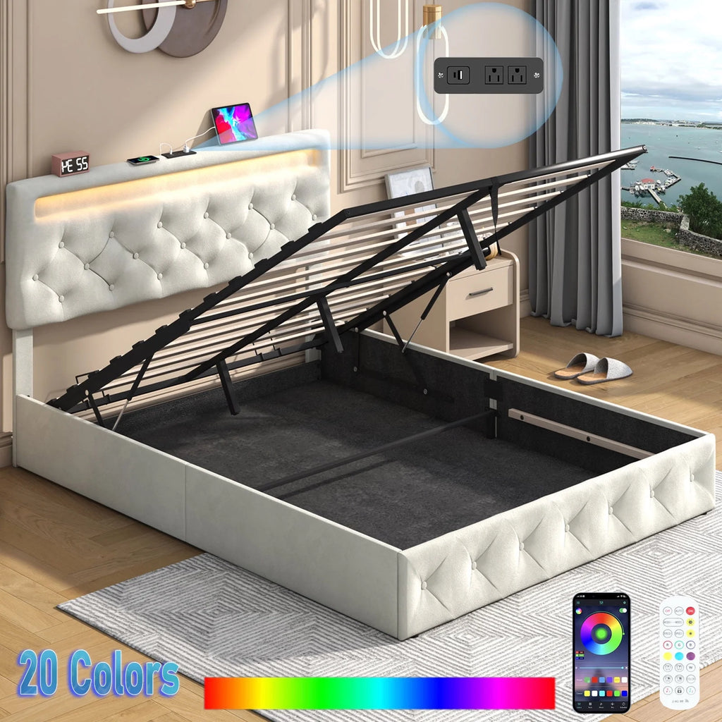 Queen Lift Up Velvet Storage Bed with LED Light & Power Outlets P986