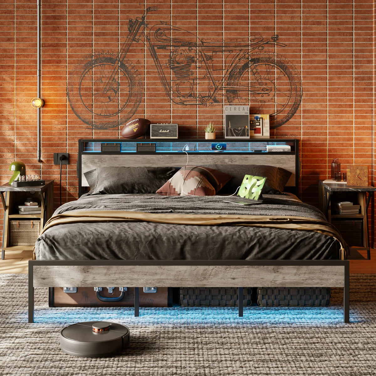 Queen Size Platform Bed with Storage Headboard H280289