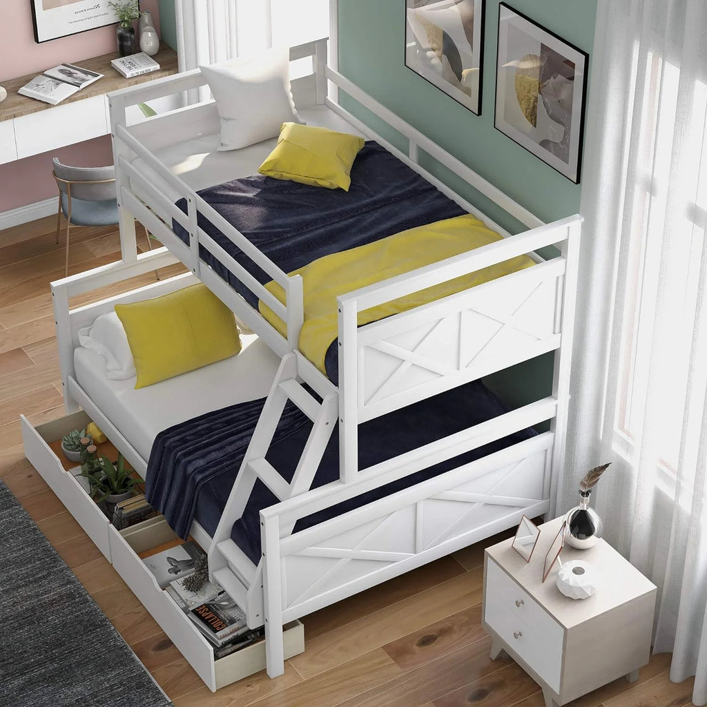 White Wooden Bunk Bed with 2 Storage Drawers and Ladder D4502