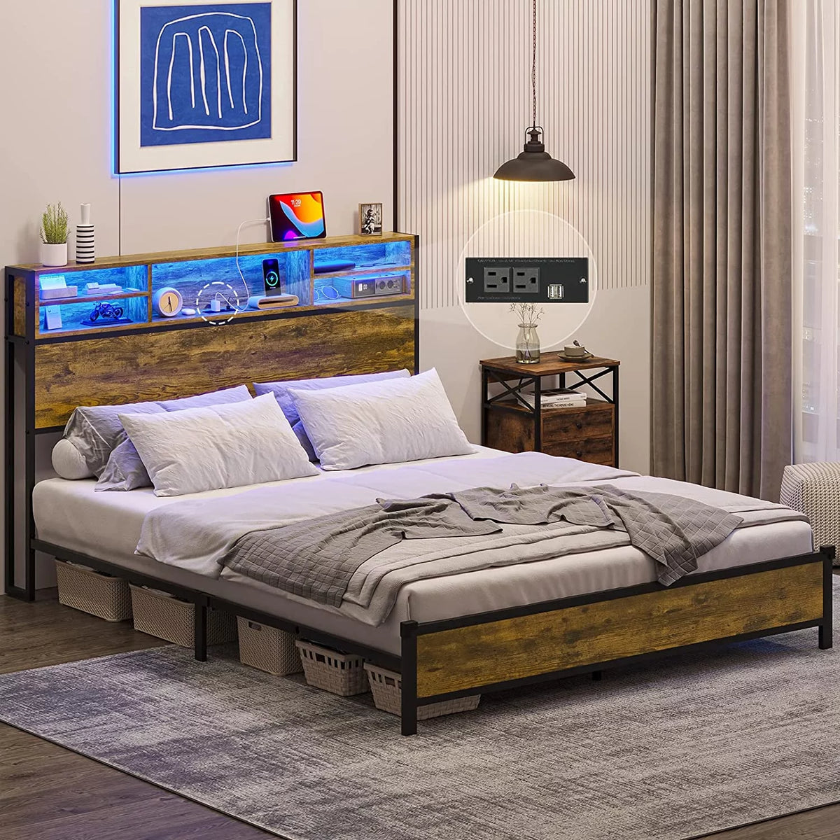 Queen RGB Led Light Metal Platform Bed with Storage Headboard X407077