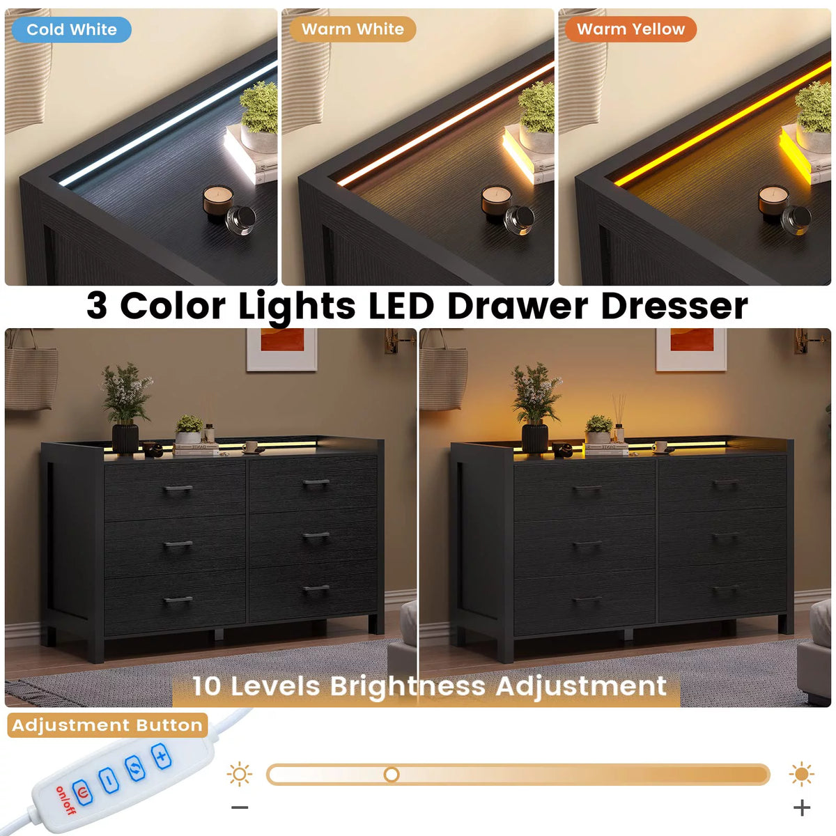 Black 6 Drawer Double Dresser with LED Lights F8439