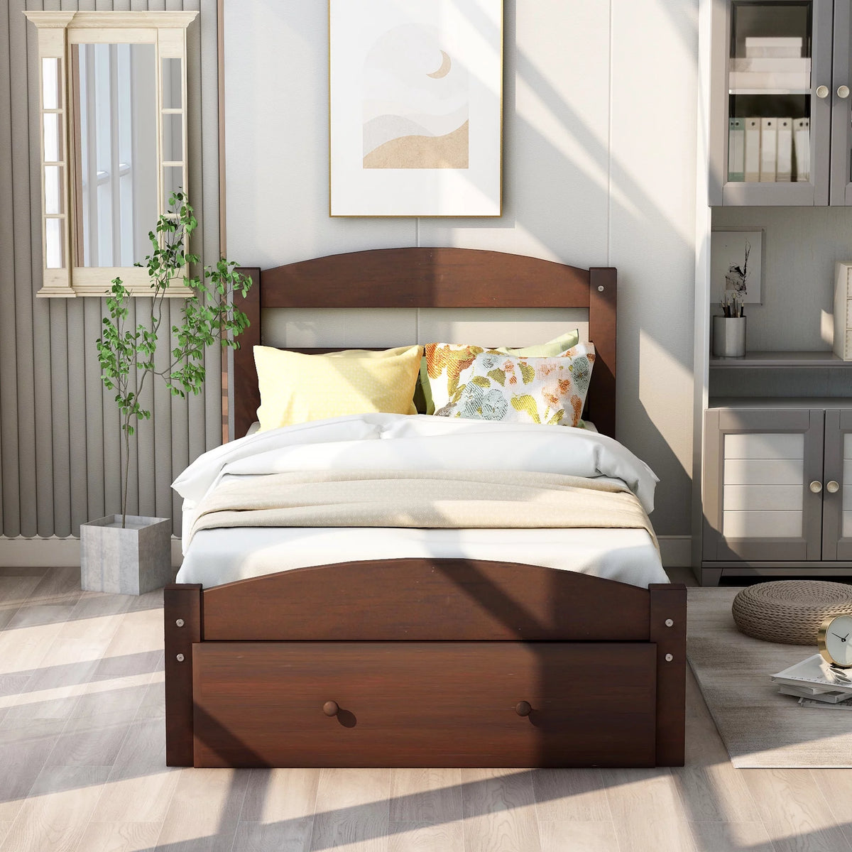 White Pine Wood Twin Bed with Storage Drawer P23549