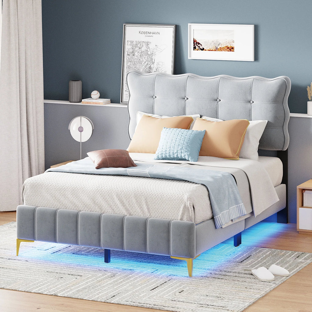 Queen Size Beige Velvet Upholstered Platform Bed with LED K6867