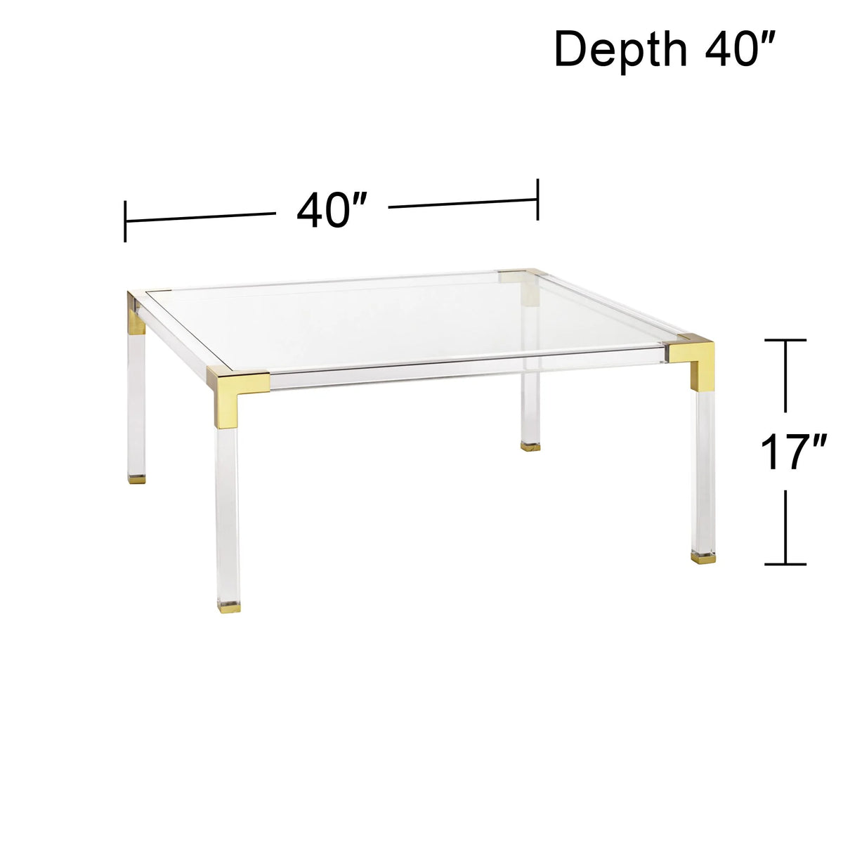 Modern Cast Acrylic Square Coffee Table 40" Wide Clear Gold Tempered Glass Tabletop M48606