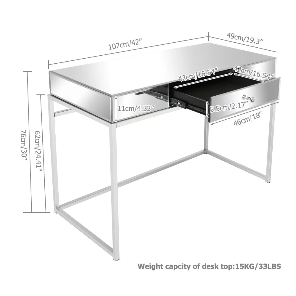 Mirror Table Dressing Table, Mirrored Glass Console Tables with Metal Frame, Silver P69830