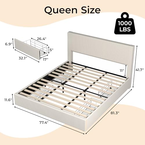 Queen Size Upholstered Platform Bed Frame with 4 Storage Drawers Y88617