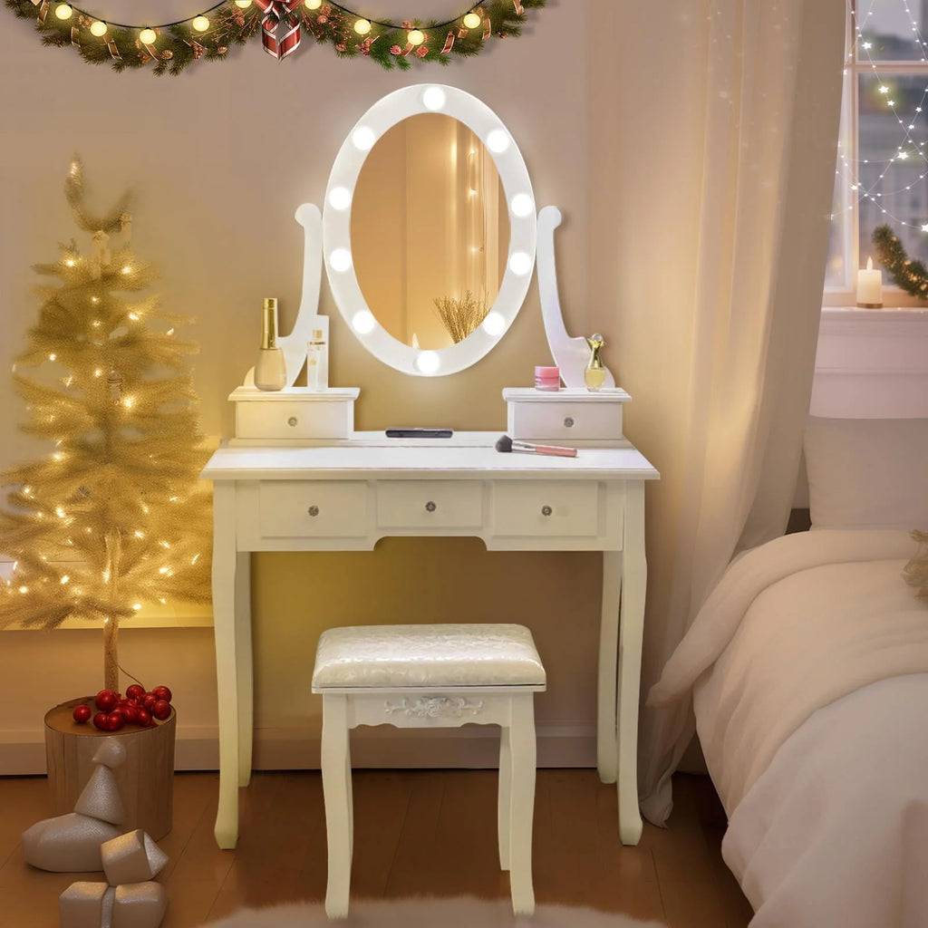 White 5 Drawer Vanity Table with Cushioned Stool Set S9509