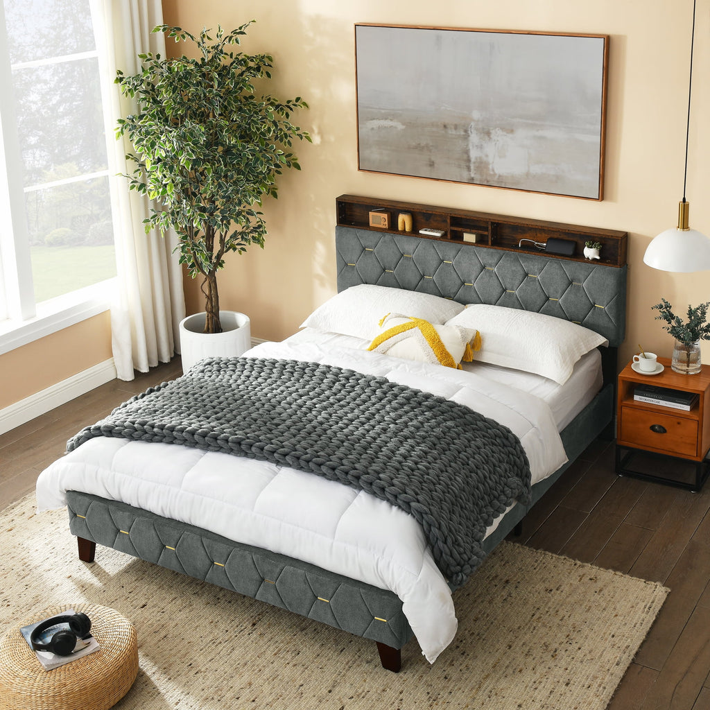 Queen Size Upholstered Platform Bed with Shelf X474