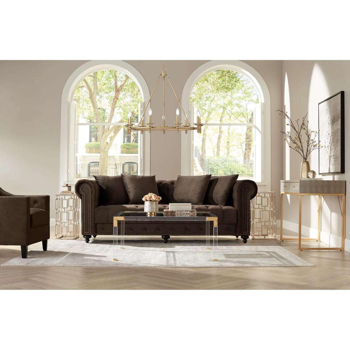 Modern Cast Acrylic Square Coffee Table 40" Wide Clear Gold Tempered Glass Tabletop M48606