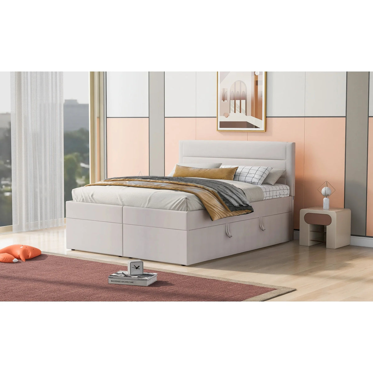 Queen Upholstered Platform Bed with Storage and Headboard J355086