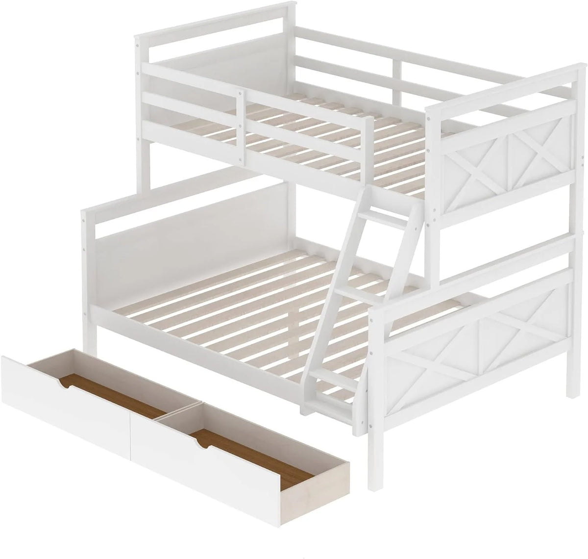 White Wooden Bunk Bed with 2 Storage Drawers and Ladder D4502