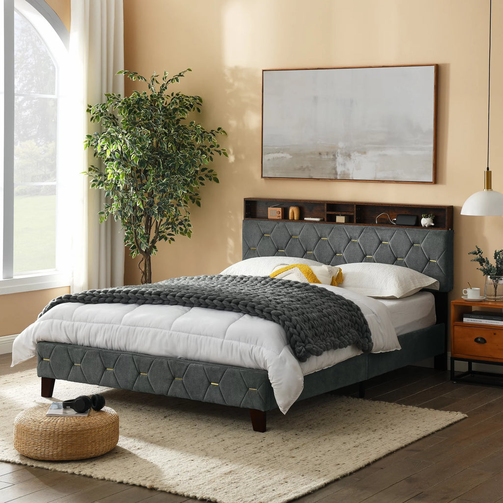 Queen Size Upholstered Platform Bed with Shelf X474