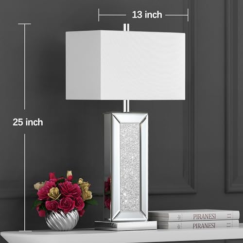Table Lamp Set of 2 Touch Control Silver Mirror Crystal with USB C+A Ports 3-Way Dimmable White Fabric Shade B3161
