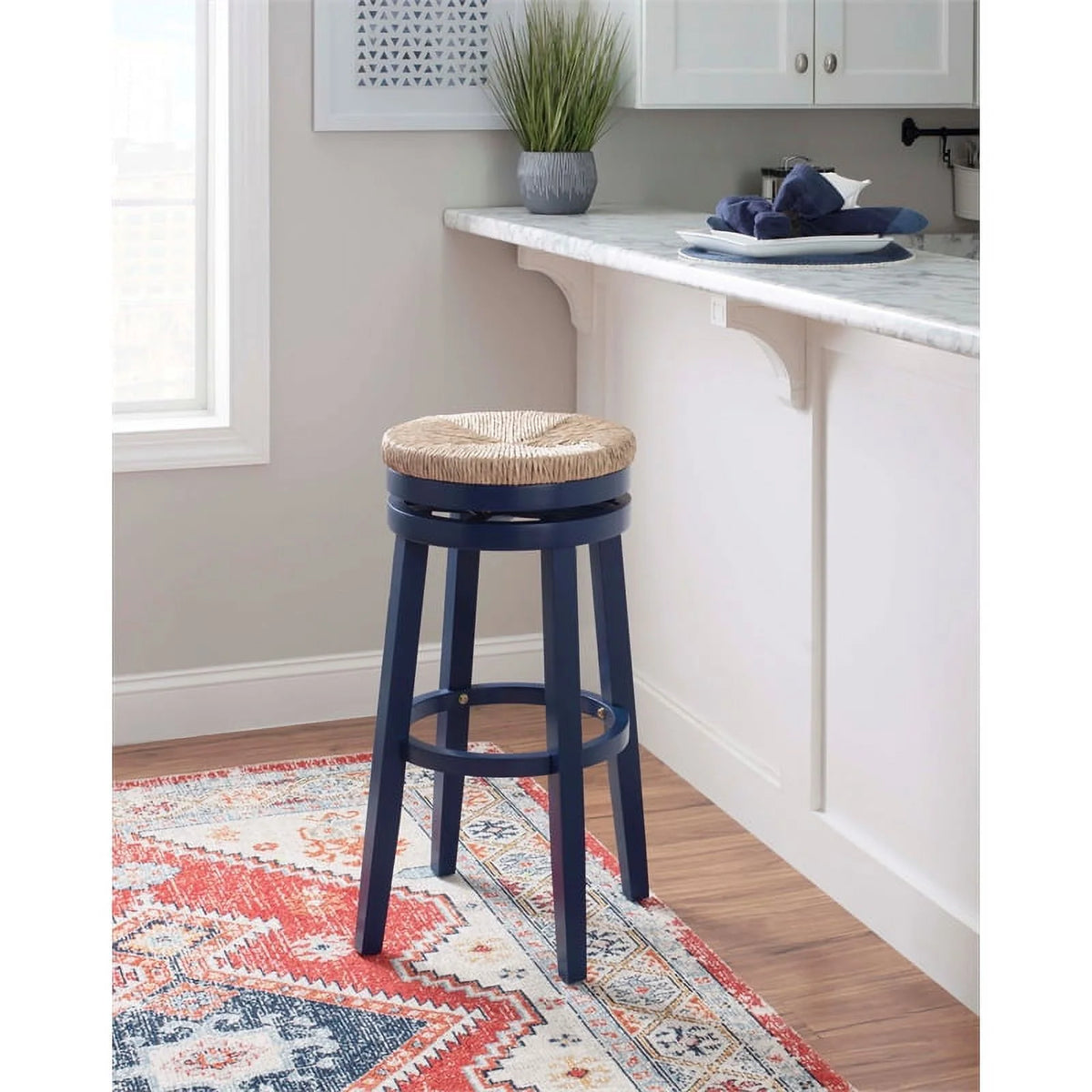 Navy Blue Wood Swivel Barstool Y55419