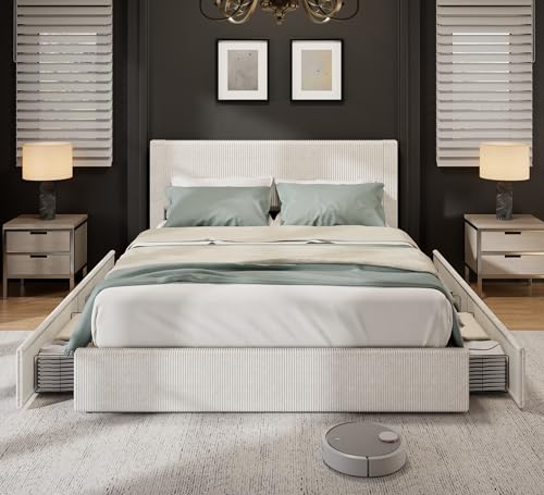 Queen Size Upholstered Platform Bed Frame with 4 Storage Drawers Y88617