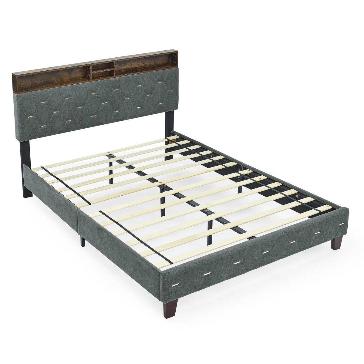 Queen Size Upholstered Platform Bed with Shelf X474