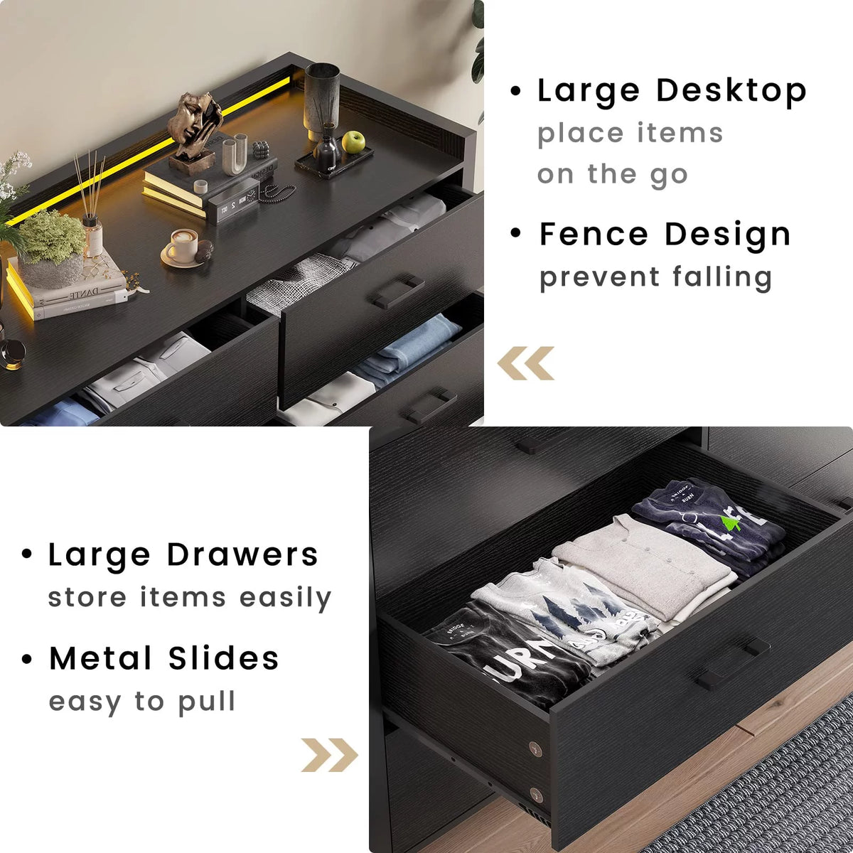 Black 6 Drawer Double Dresser with LED Lights F8439