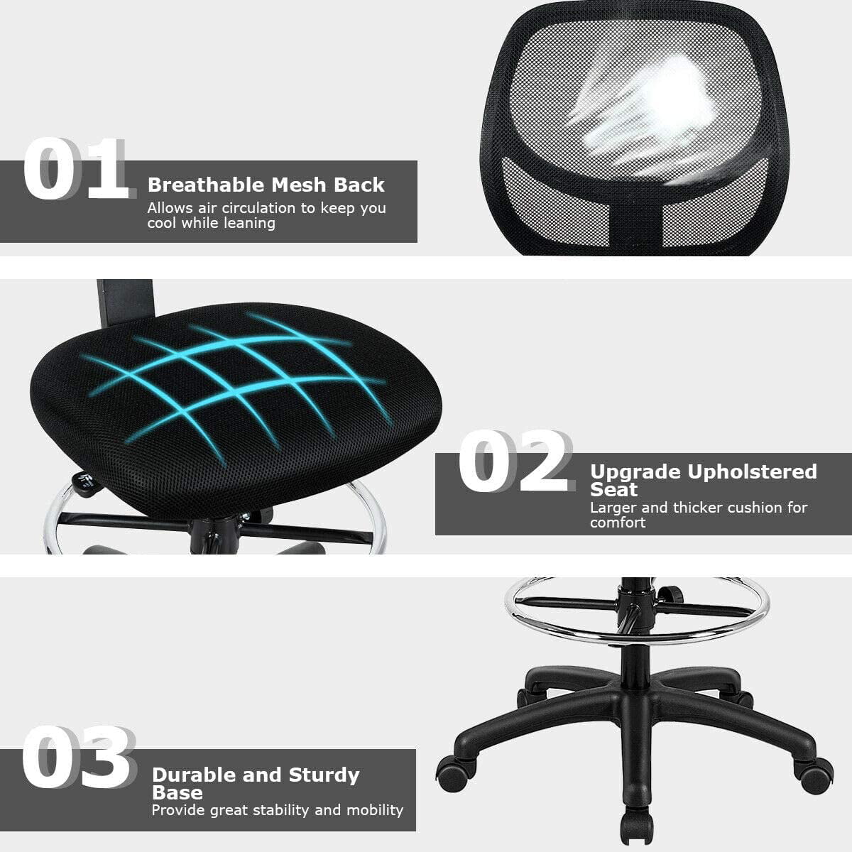 Black Mesh Drafting Chair with Footrest Ring K320867