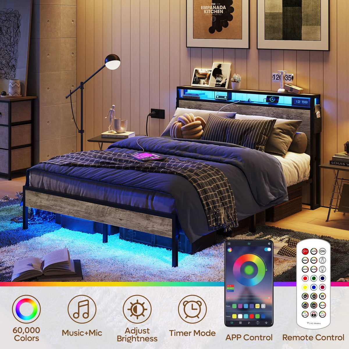 Queen Size Platform Bed with Storage Headboard H280289