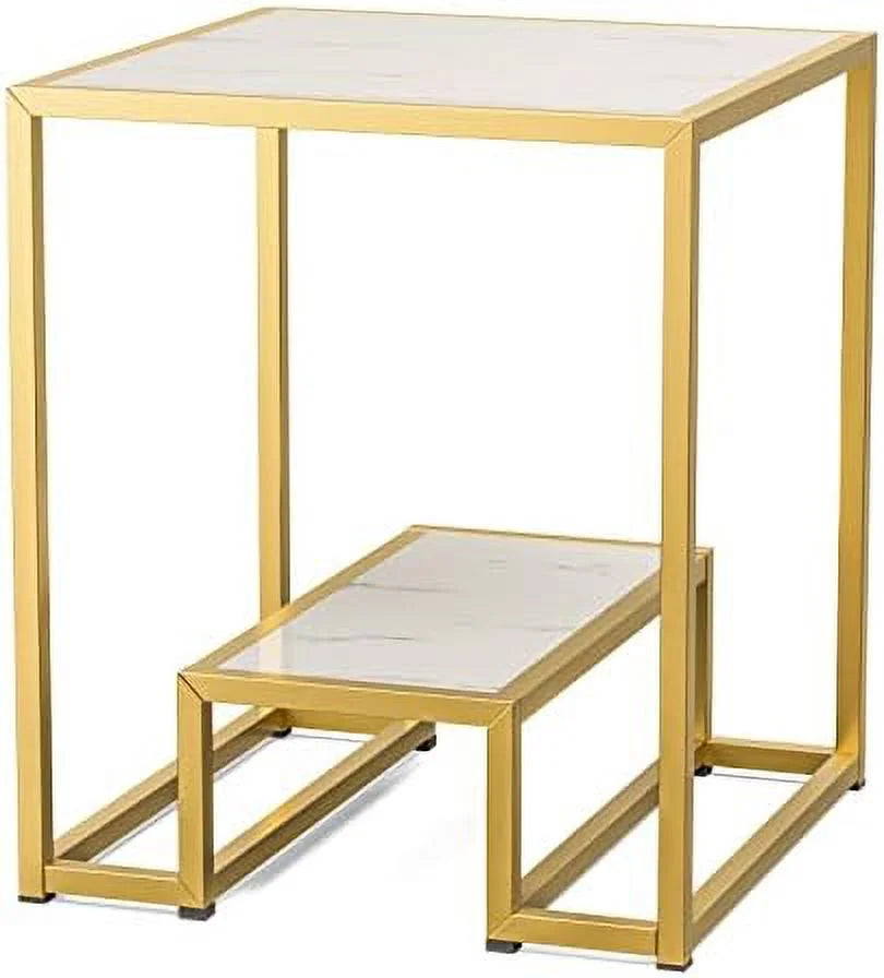High Gloss Gold 2-Tier Faux Marble Nesting End Table X9066
