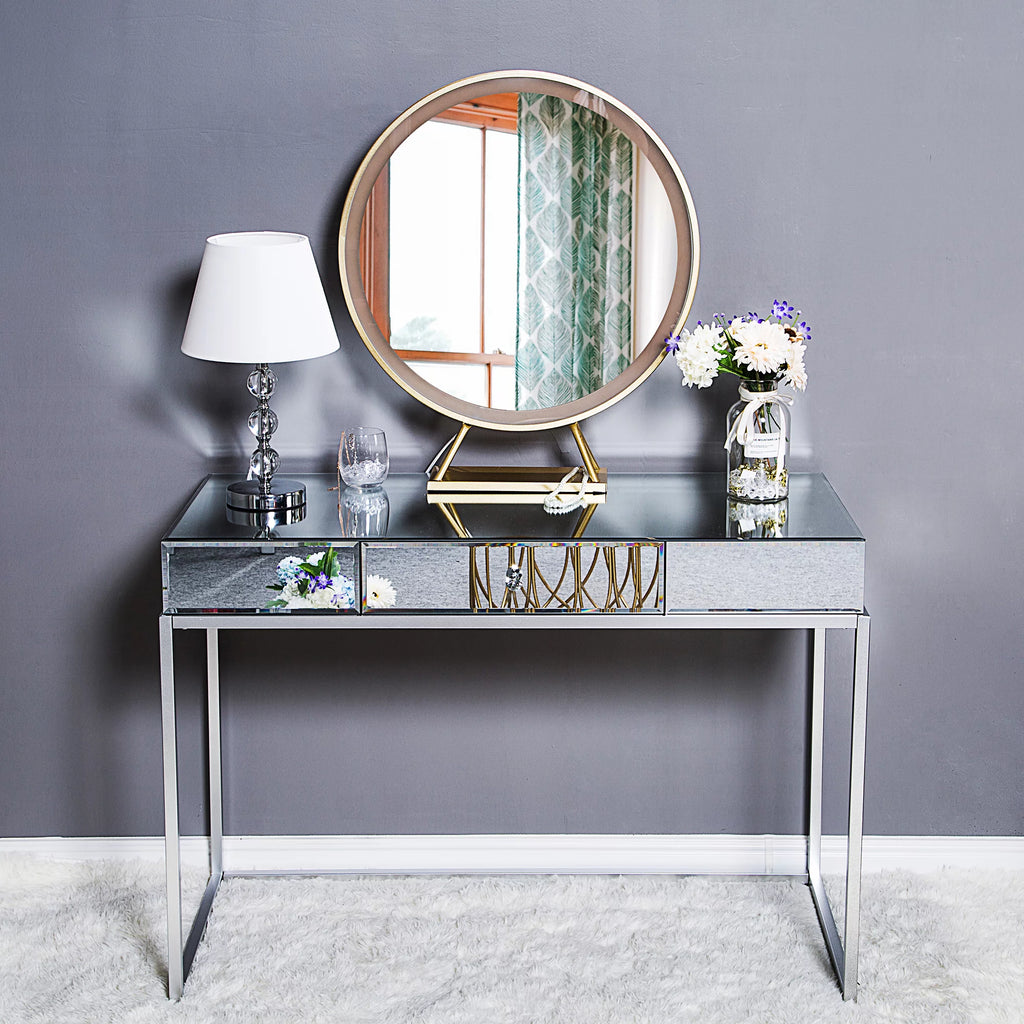Mirror Table Dressing Table, Mirrored Glass Console Tables with Metal Frame, Silver P69830