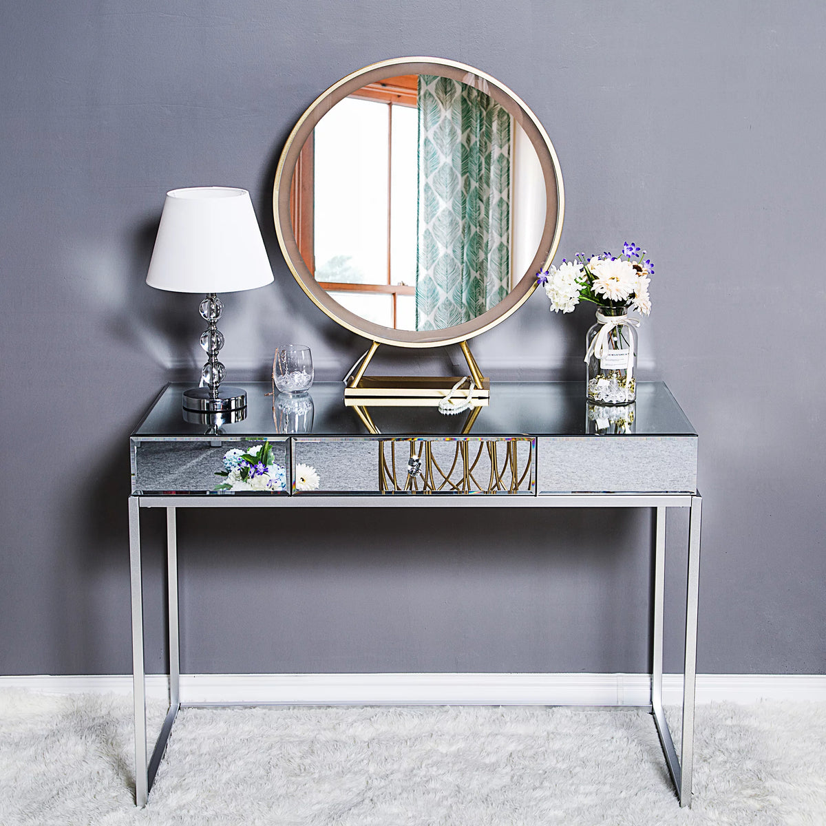 Mirror Table Dressing Table, Mirrored Glass Console Tables with Metal Frame, Silver P69830