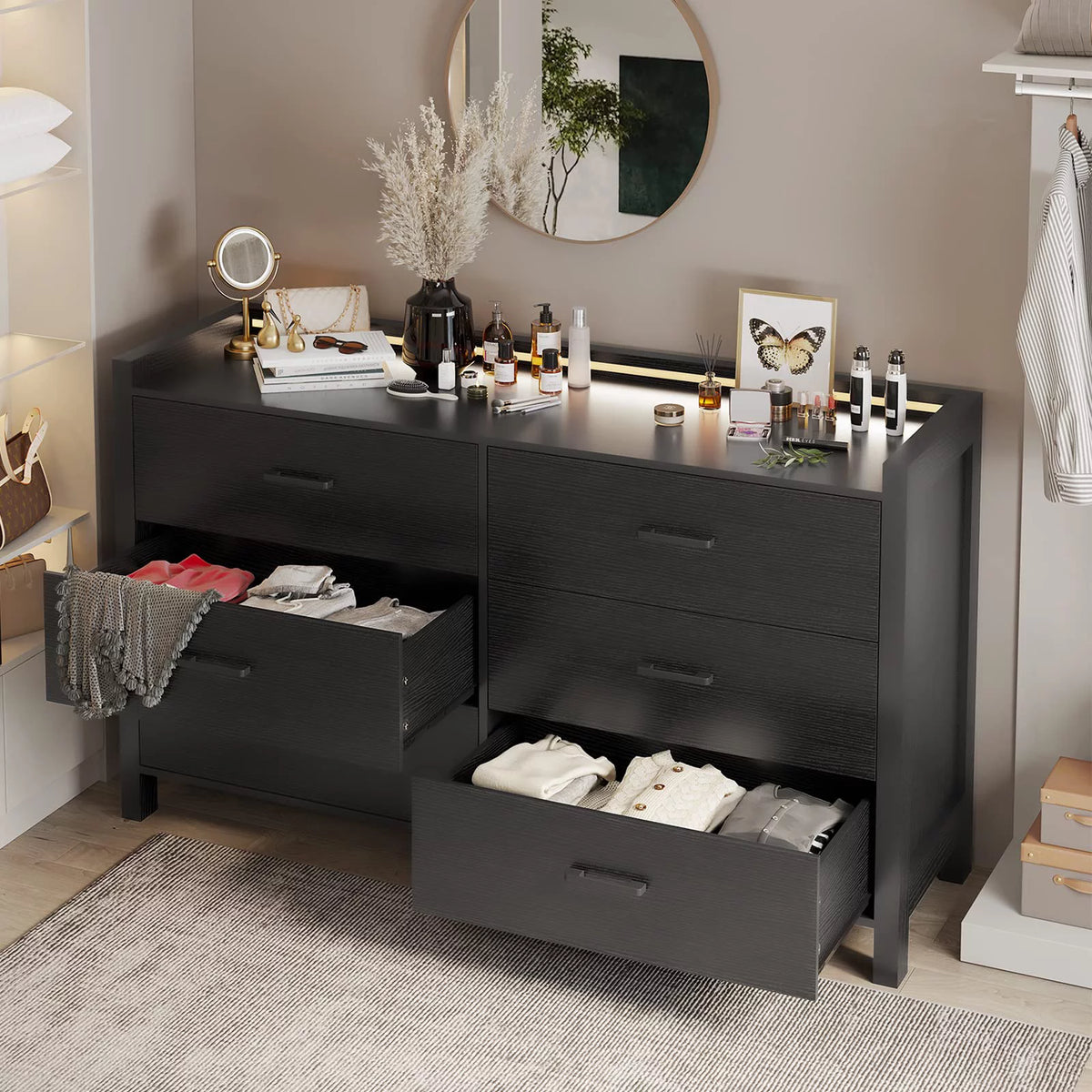 Black 6 Drawer Double Dresser with LED Lights F8439
