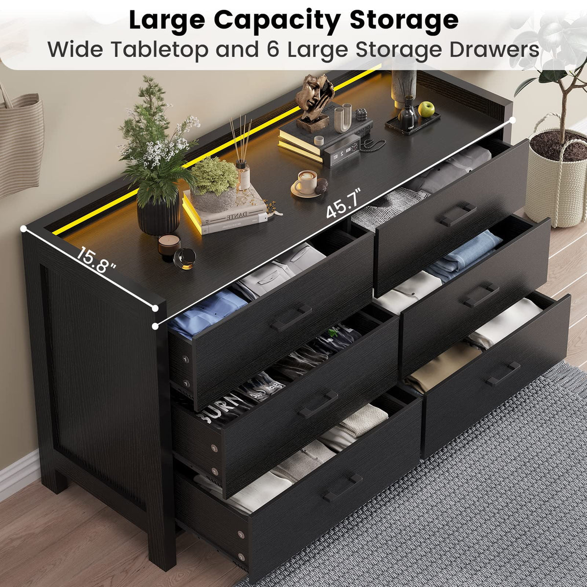 Black 6 Drawer Double Dresser with LED Lights F8439