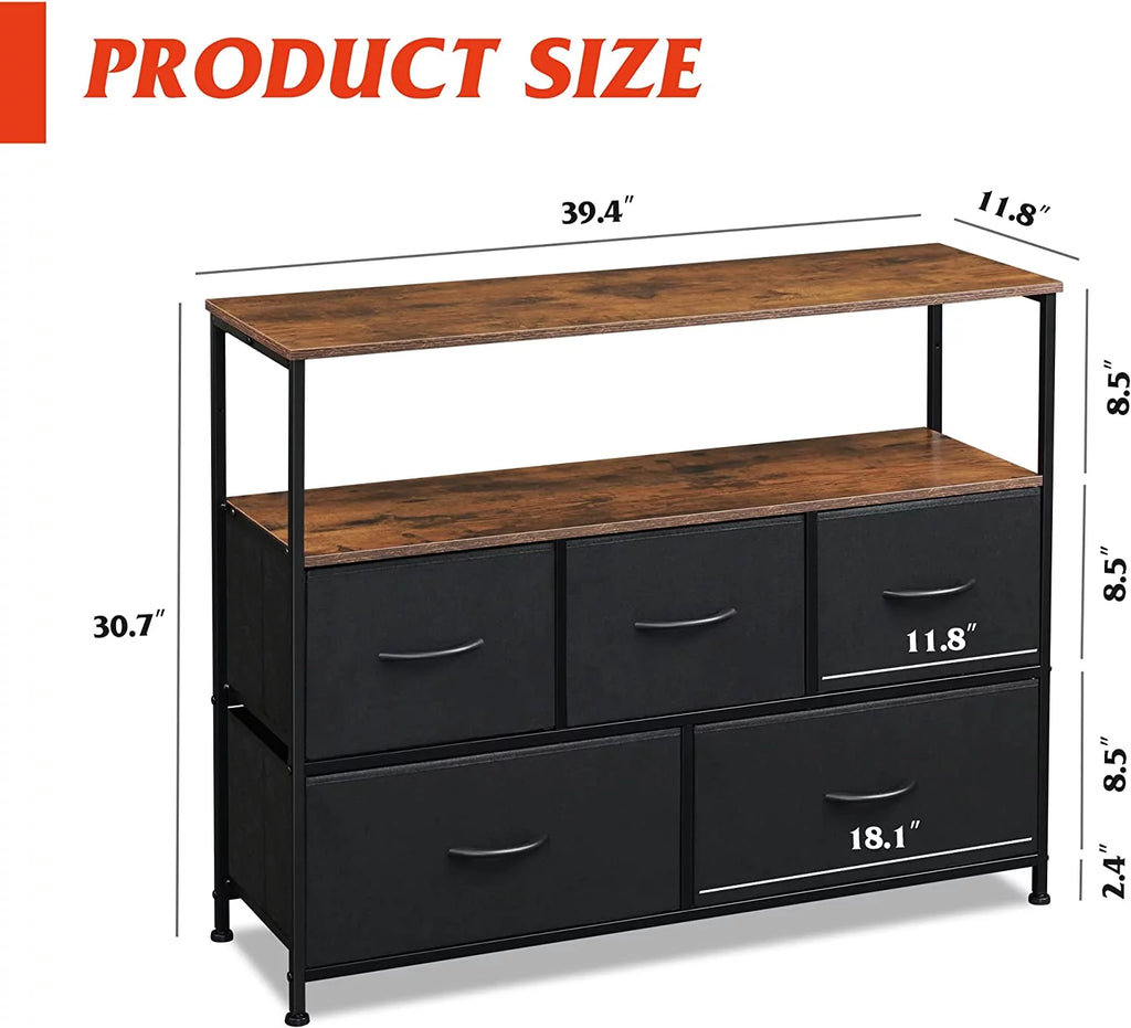 Black and Rustic Brown TV Stand with Fabric Drawers R725314