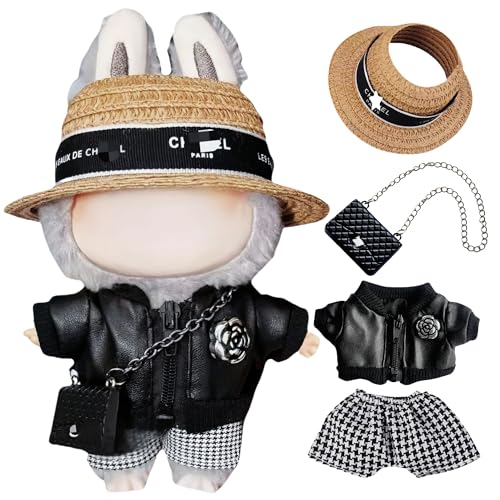 17cm Doll 4-Piece Straw Hat PU Leather Jacket Houndstooth Shorts Outfit J77912