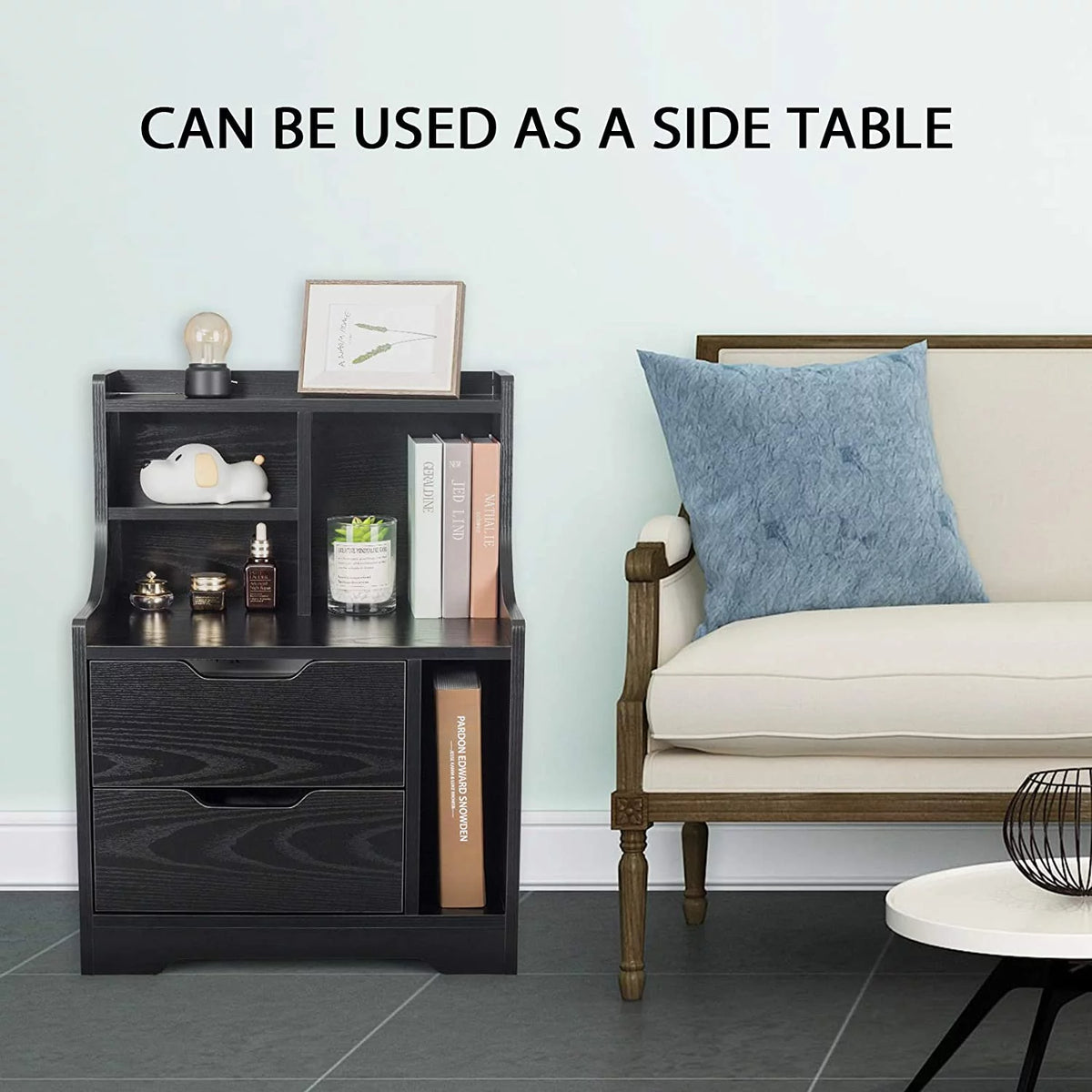Black Wooden Bedside Table with 2 Drawers L24921