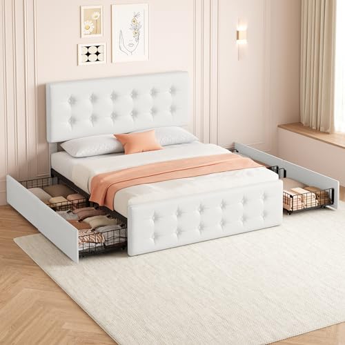 Black Queen Size Faux Leather Upholstered Platform Bed Frame with 4 Storage Drawers and Headboard S140