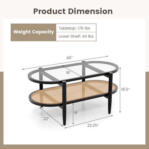 40”L Oval Acacia Wood Rattan Coffee Table with Tempered Glass Tabletop B86328