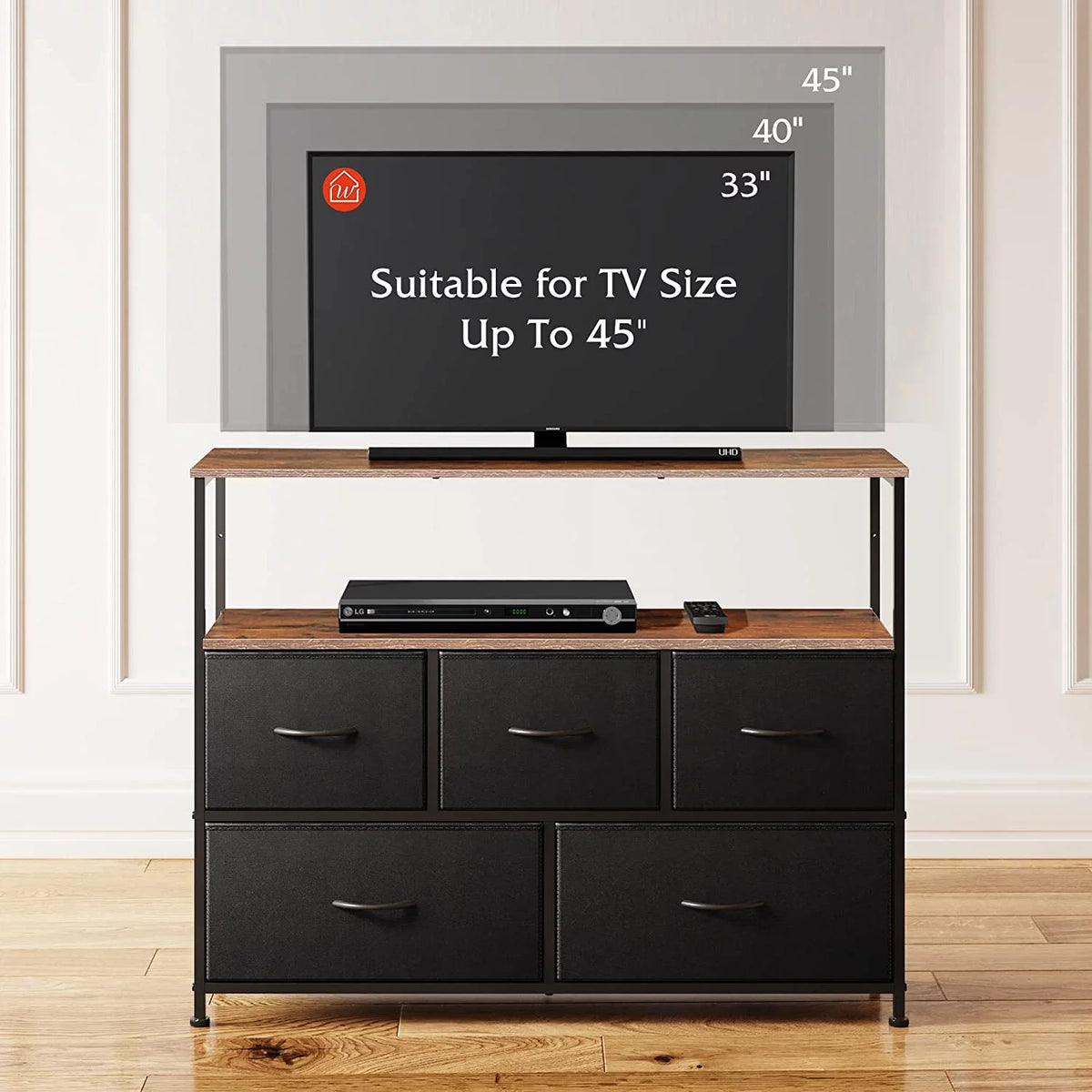 Black and Rustic Brown TV Stand with Fabric Drawers R725314