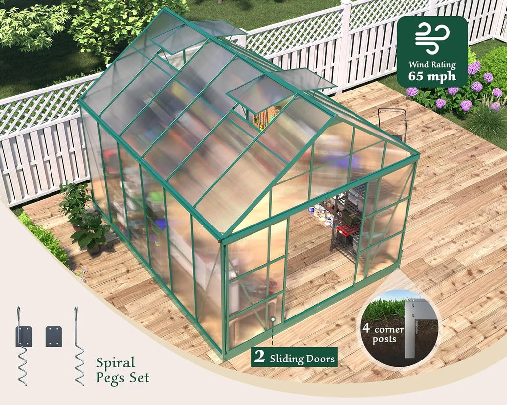 12x10x10 ft Polycarbonate Greenhouse with 2 Sliding Doors 4 Vents Window D86329