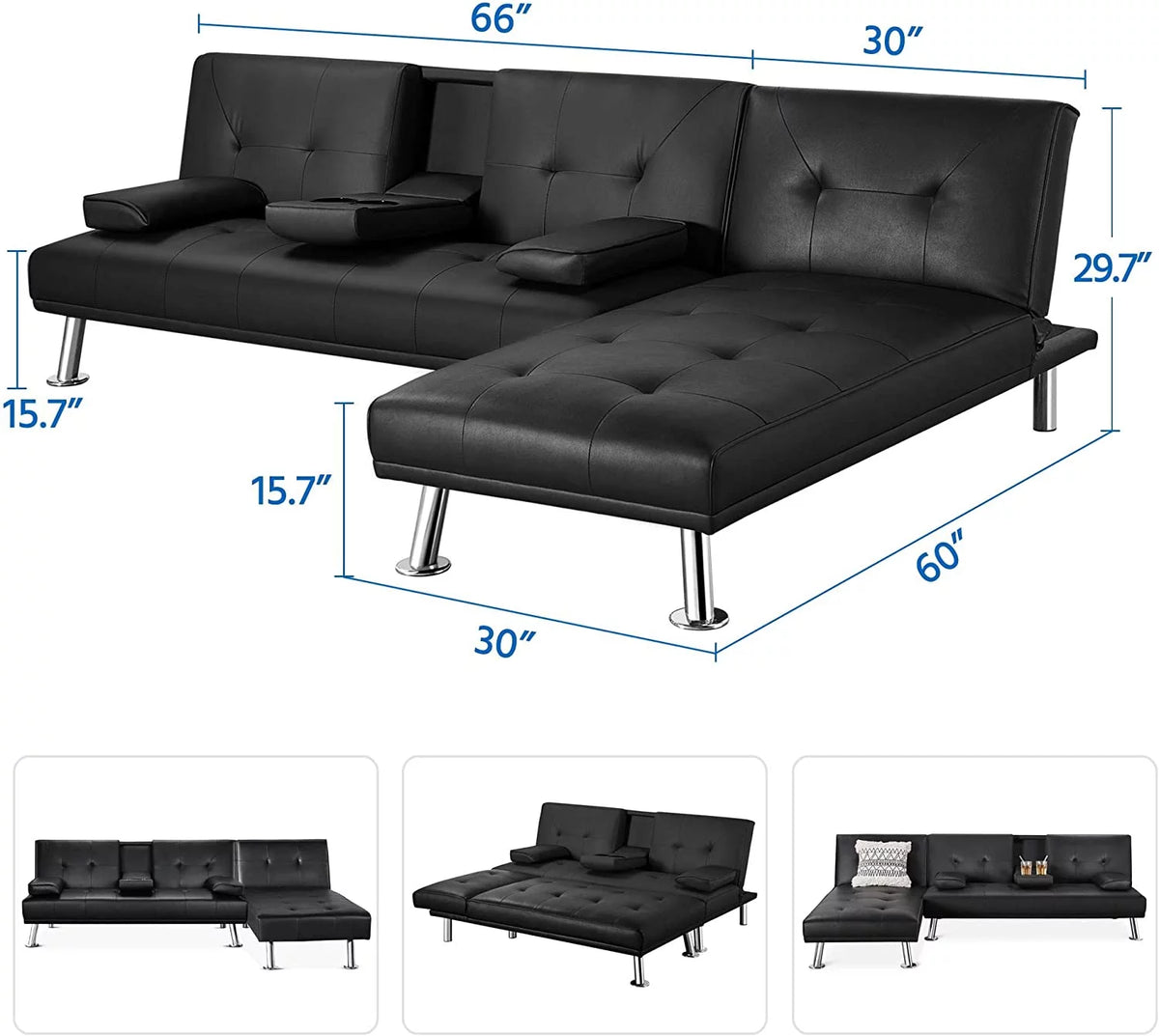 Black Faux Leather Sectional Sofa with Chaise Lounge N166303