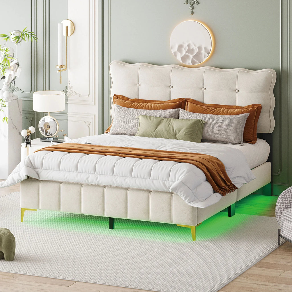 Queen Size Beige Velvet Upholstered Platform Bed with LED K6867