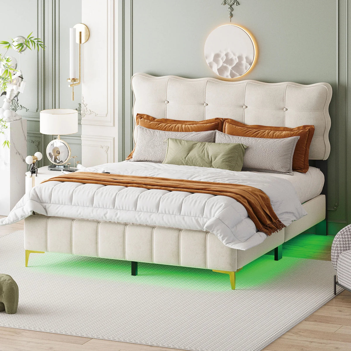 Queen Size Beige Velvet Upholstered Platform Bed with LED K6867