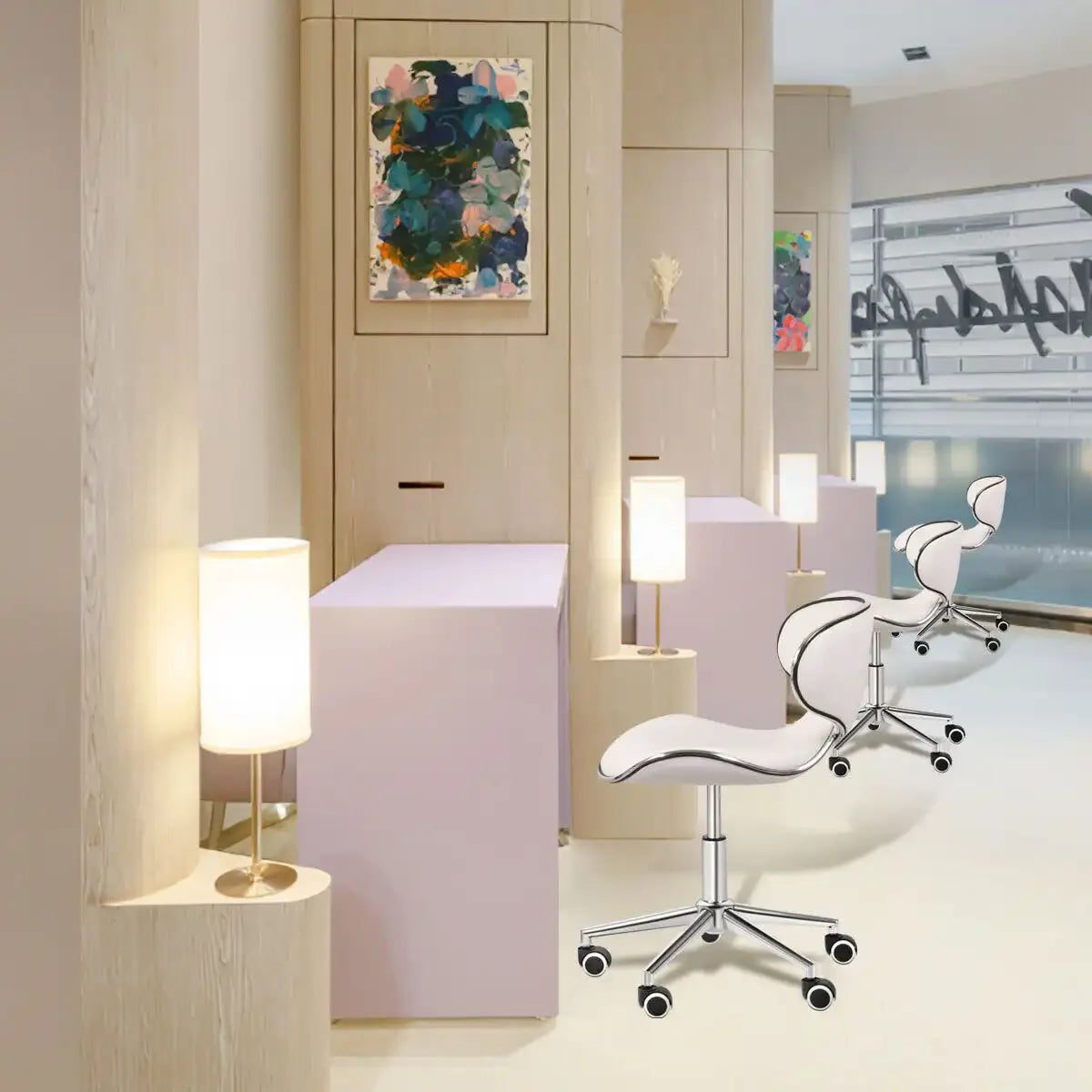 White Set of 2 Rolling Swivel Salon Stools O4415