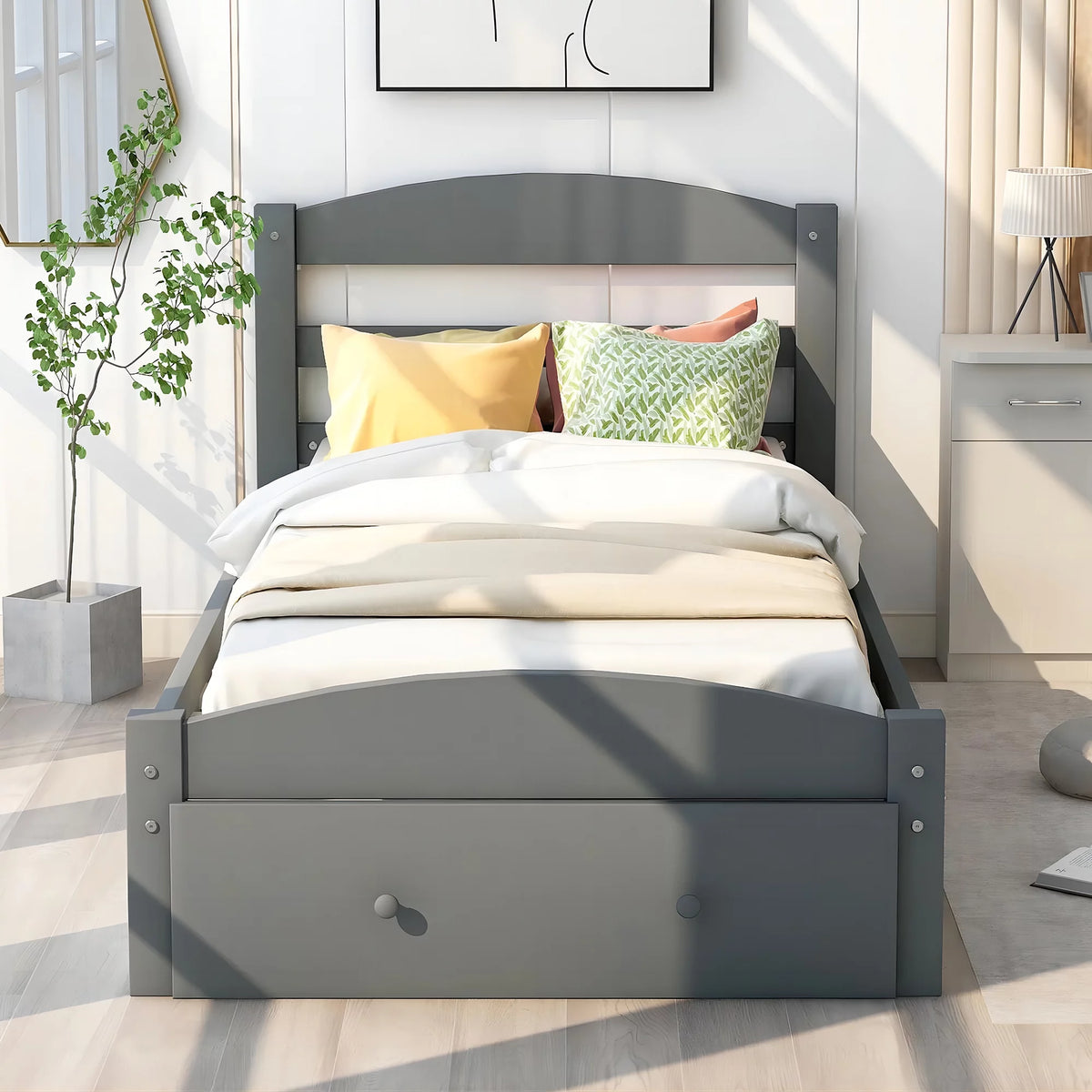 White Pine Wood Twin Bed with Storage Drawer P23549