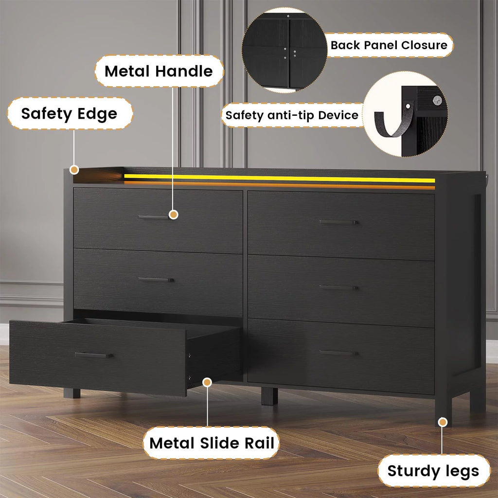 Black 6 Drawer Double Dresser with LED Lights F8439