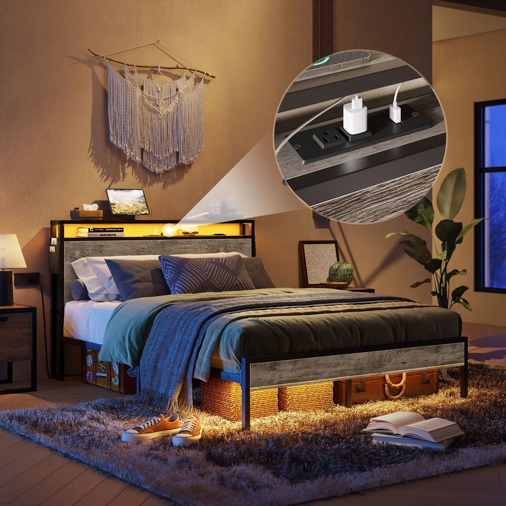 Queen Size Platform Bed with Storage Headboard H280289