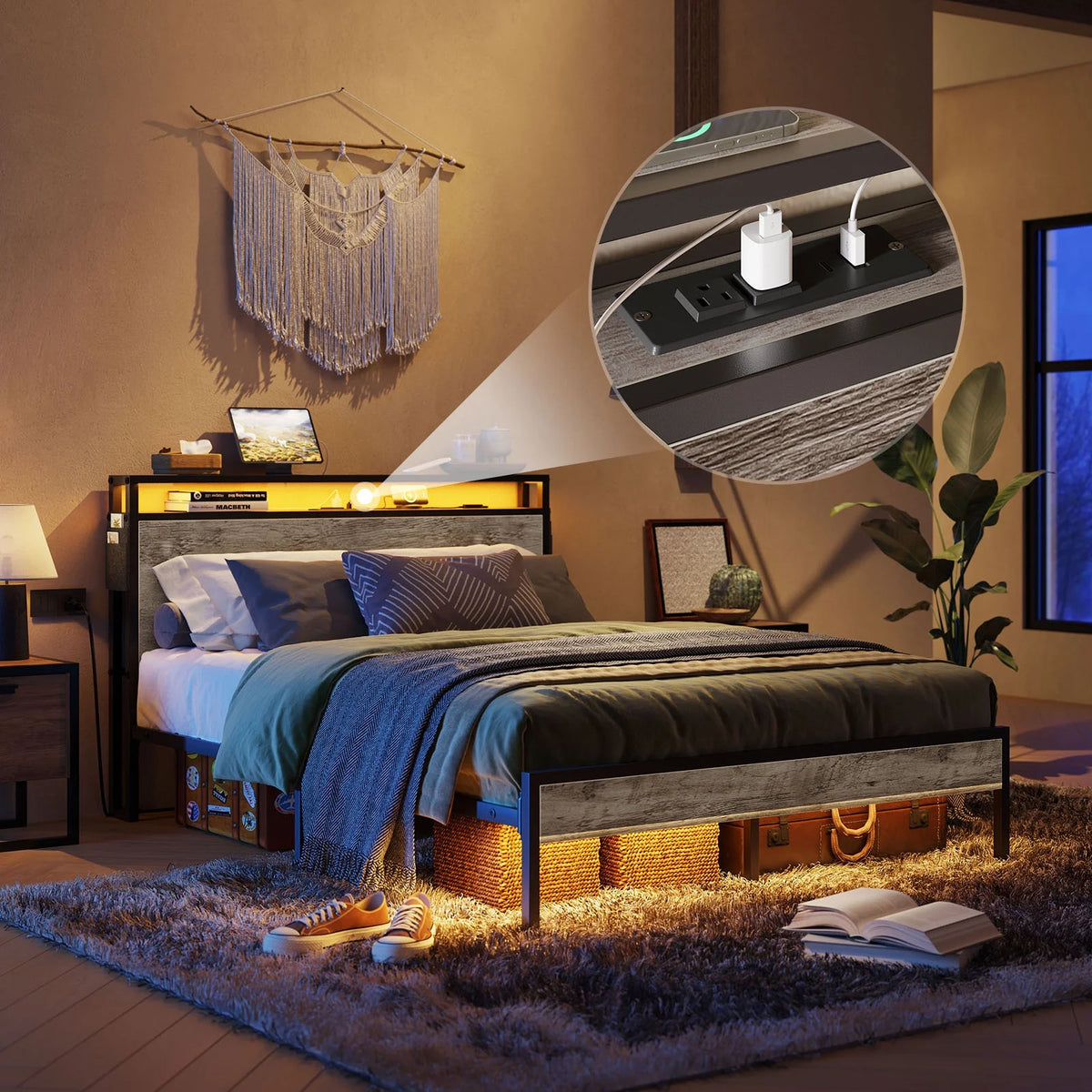 Queen Size Platform Bed with Storage Headboard H280289