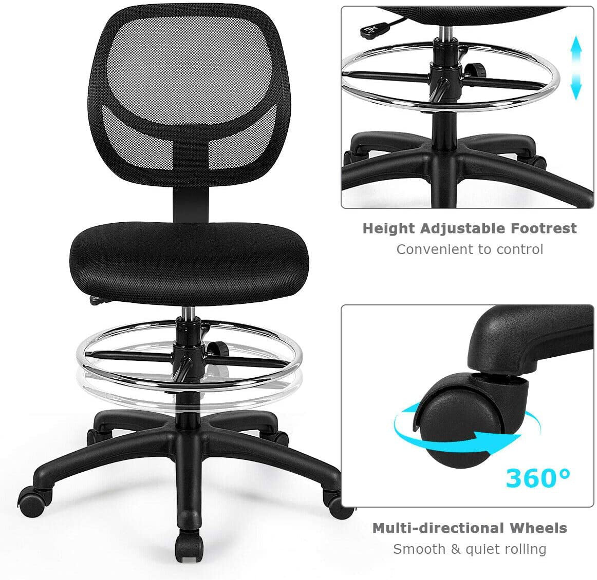 Black Mesh Drafting Chair with Footrest Ring K320867