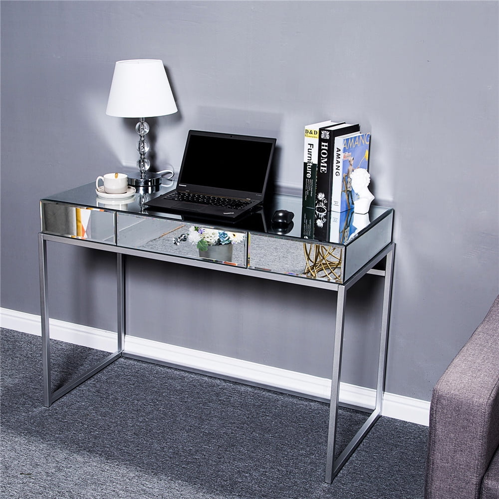Mirror Table Dressing Table, Mirrored Glass Console Tables with Metal Frame, Silver P69830